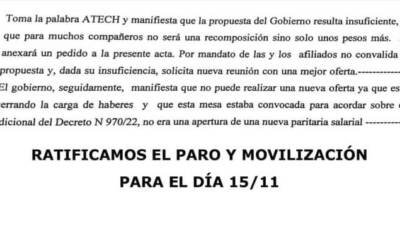 ATECH no aceptó y ratifica paro para el martes 15 de noviembre