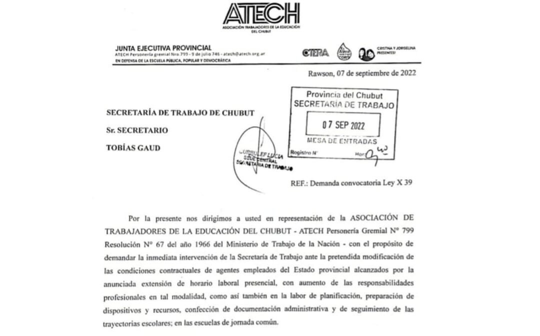 ATECH pide intervención de Secretaria de Trabajo ante la extensión horaria pretendida en Primaria